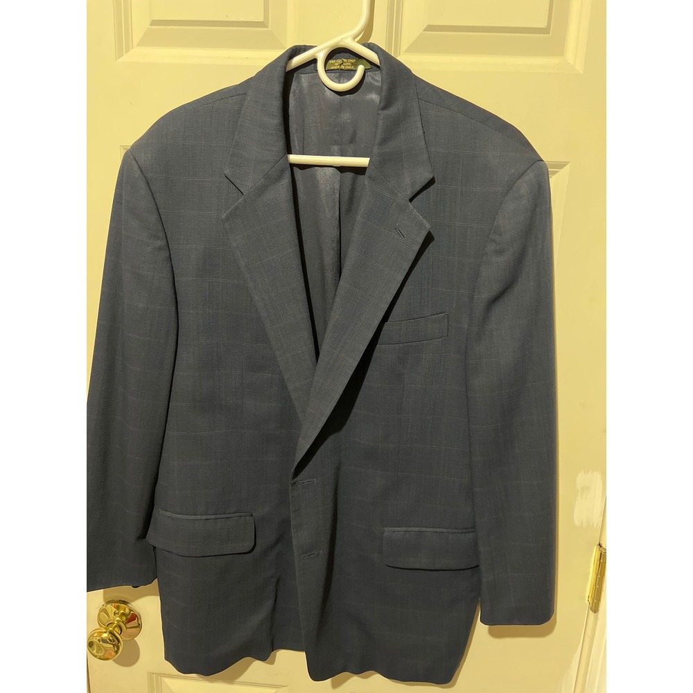 Tom James Corporate Image Mens Navy Blue Windowpane Plaid 100% Wool Blazer Coat